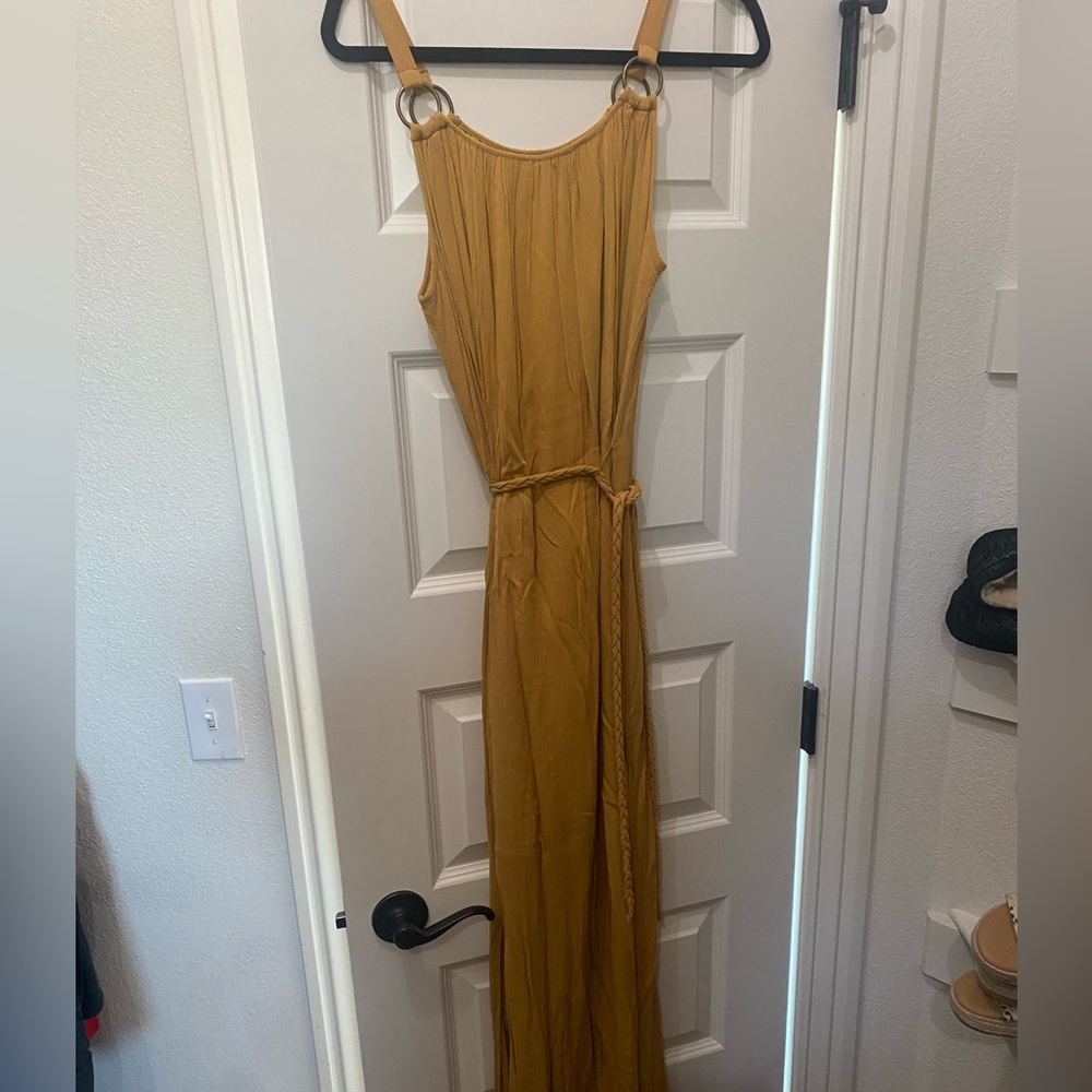 Yellow maxi dress with gold hoop straps and braid belt